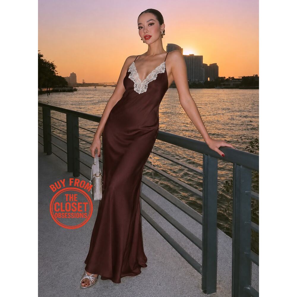 Zara NWT Burgundy Satin Lace Slip Maxi Dress M L